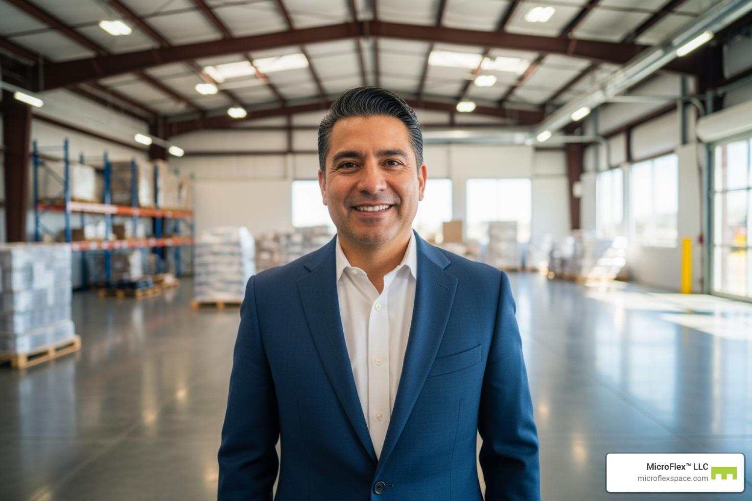 smiling business owner in new warehouse - business warehouse for rent