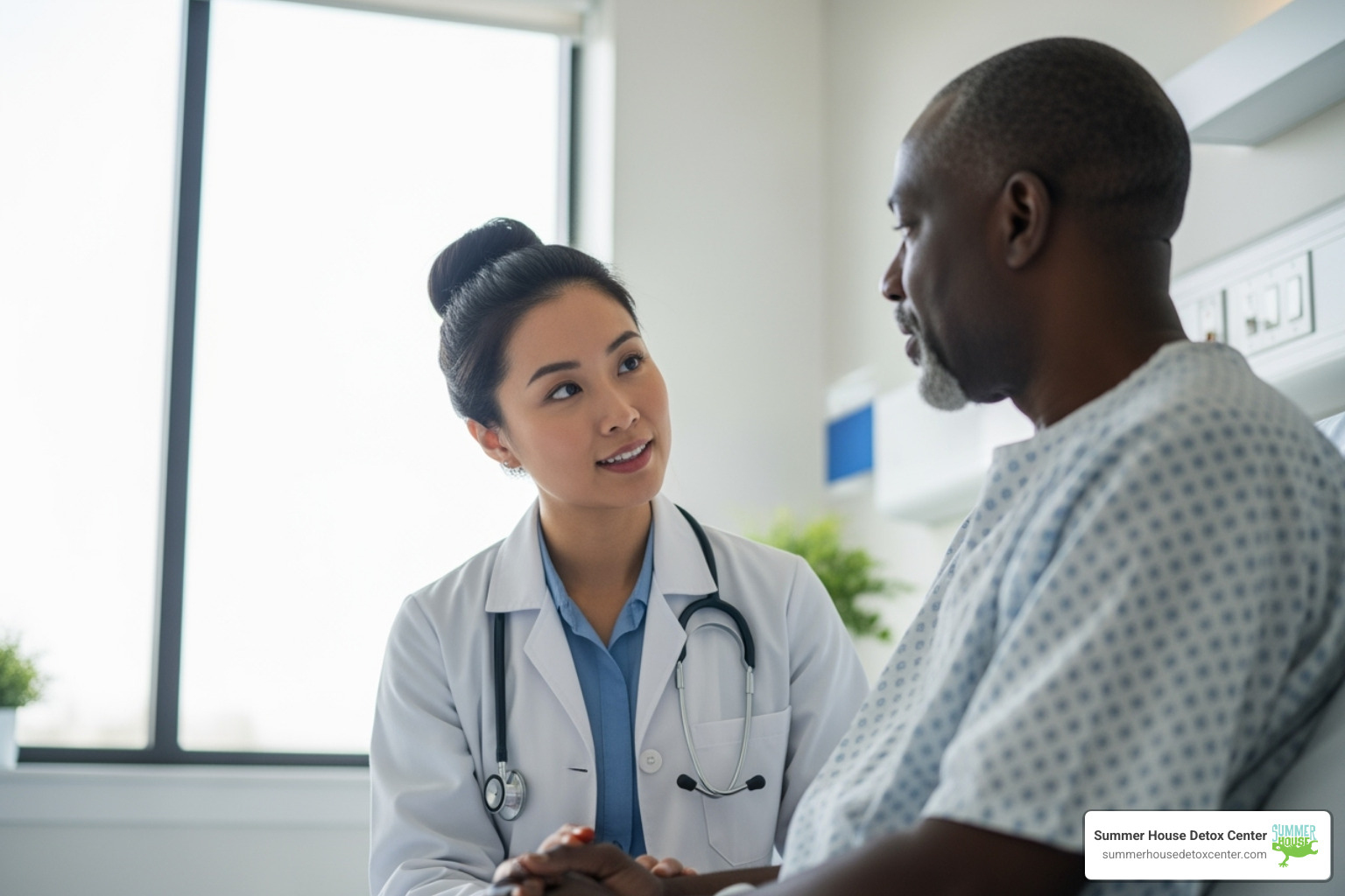medical professional compassionately speaking with a patient - alcohol detox