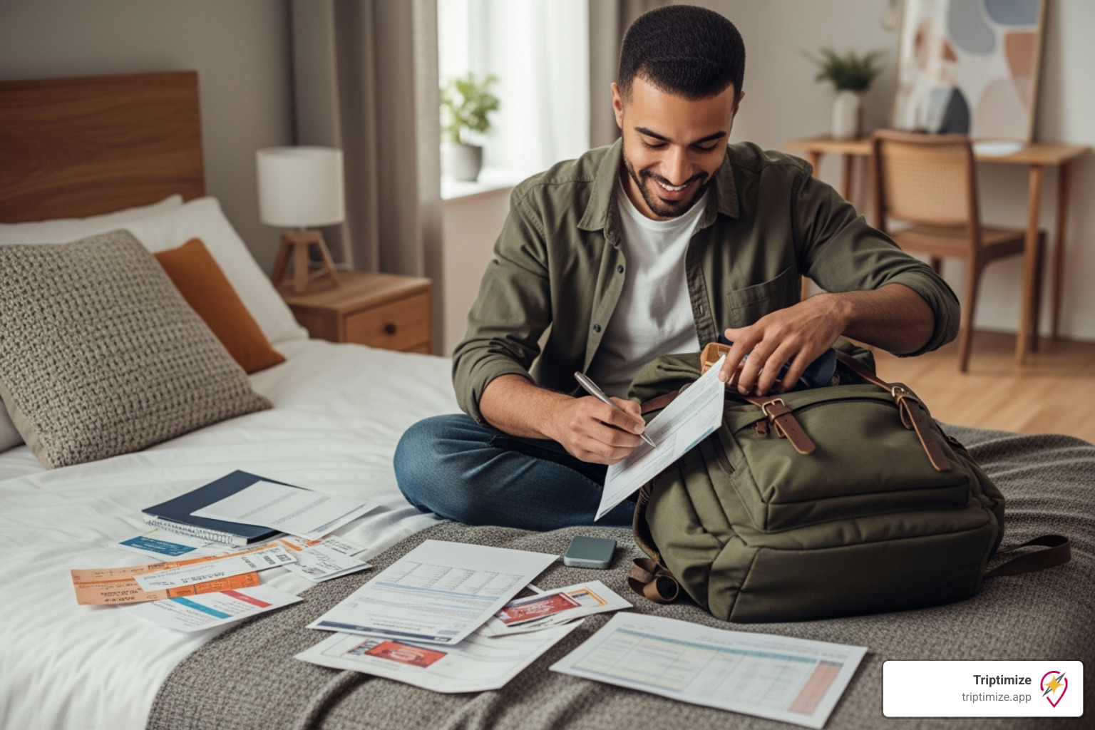 of a person organizing travel documents and a backpack on a bed - solo travel planning