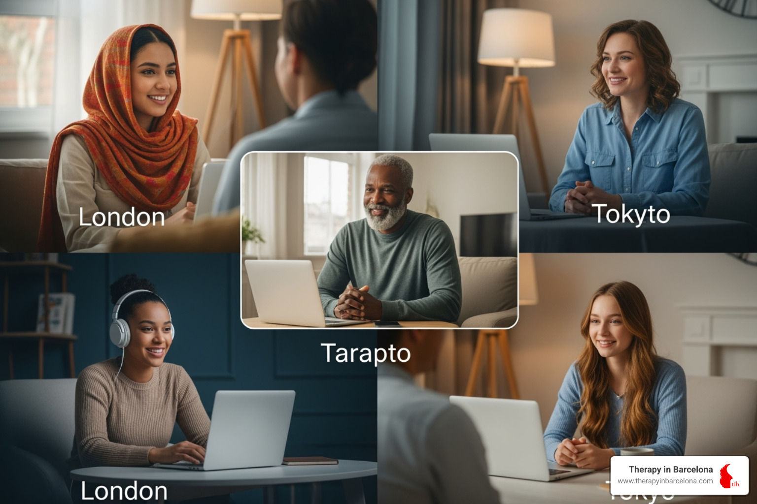 Diverse group of therapists' profile pictures on a screen - Global online therapy