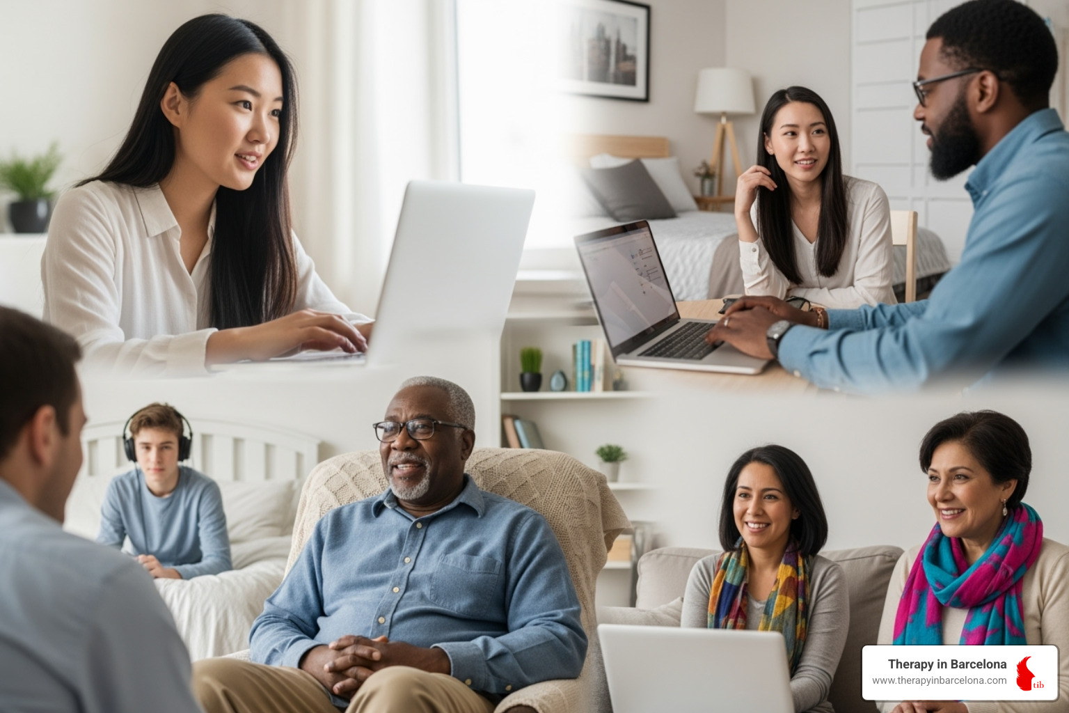 Diverse group of people connecting online from different parts of the world - Global online therapy