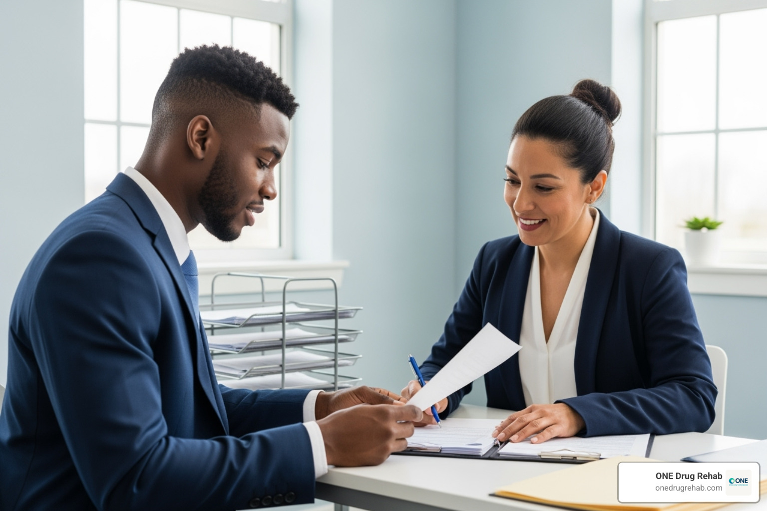 person reviewing paperwork with a helpful admissions coordinator - inpatient cocaine rehab centers
