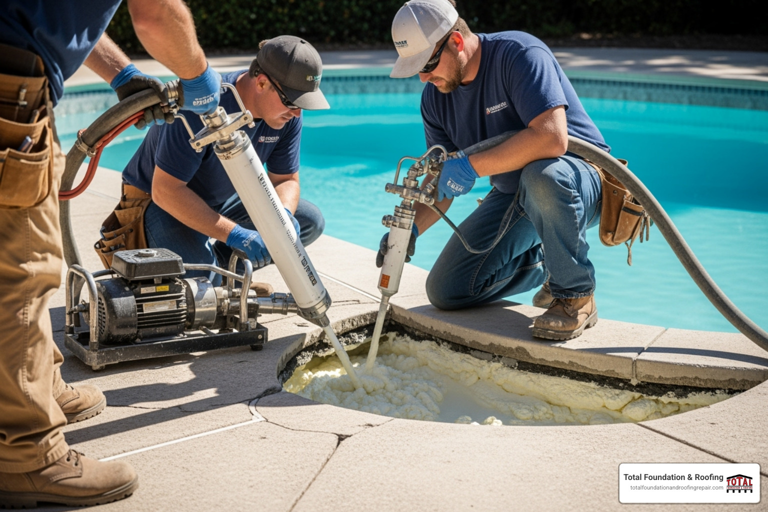Team performing polyurethane foam injection on a pool deck - cement leveling near me