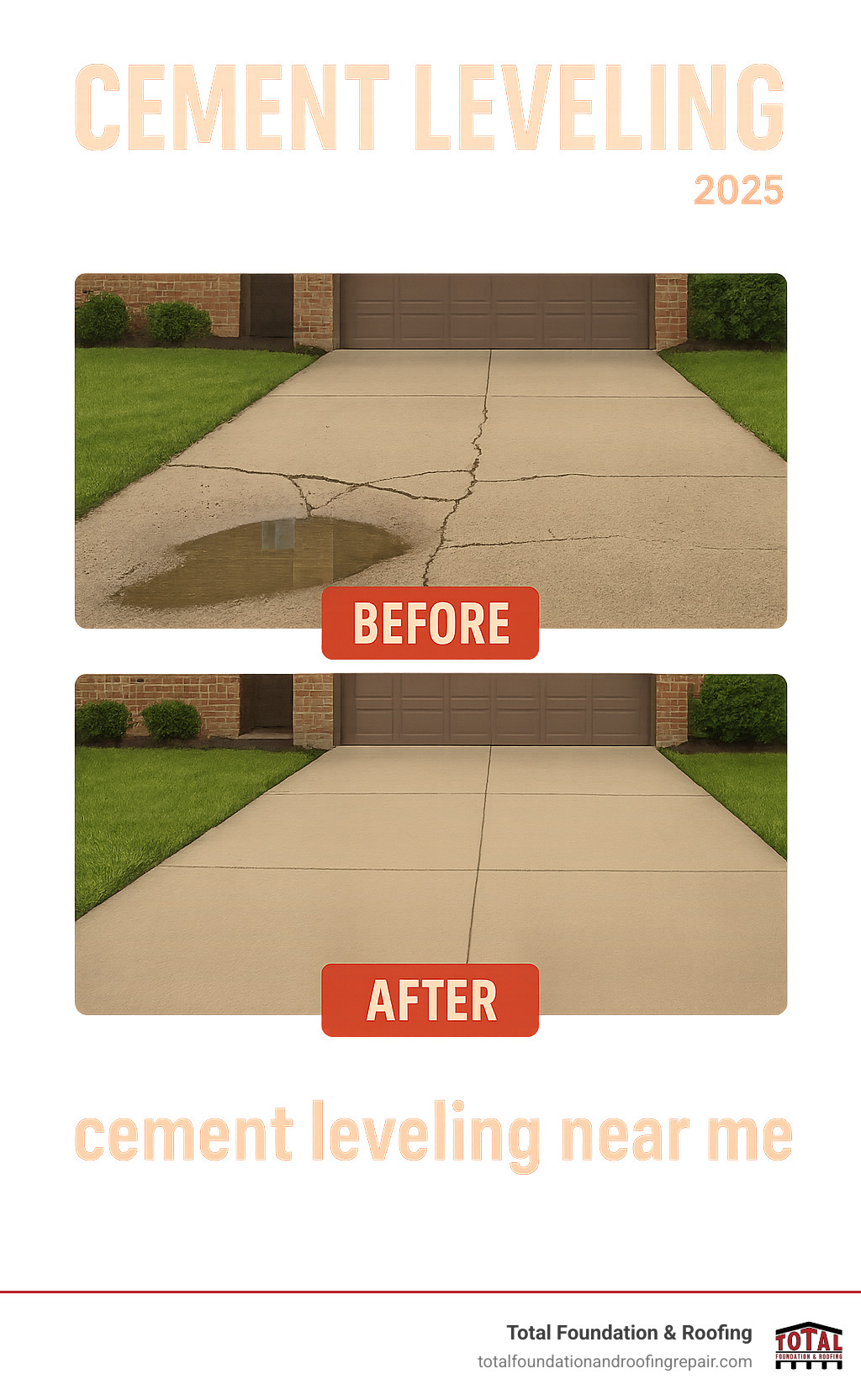 Infographic showing a "Before" image of a sunken concrete driveway with cracks and pooling water, and an "After" image of the same driveway perfectly level, smooth, and free of cracks, demonstrating the restoration achieved through concrete leveling. - cement leveling near me infographic 