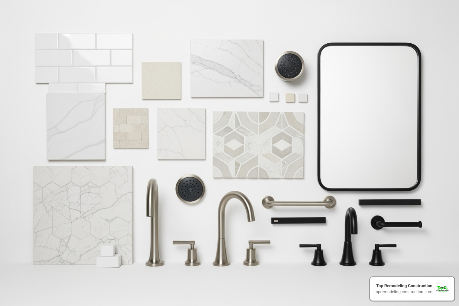 mood board with various material samples like tile, quartz, and fixture finishes - bathroom renovation las vegas