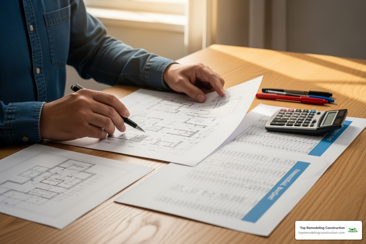 person reviewing blueprints and a budget spreadsheet - bathroom renovation las vegas