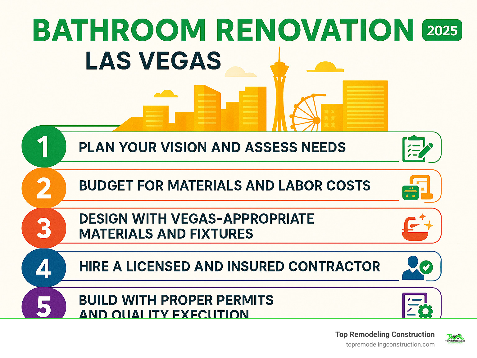 Infographic showing the 5 key steps of a Las Vegas bathroom renovation: Plan your vision and assess needs, Budget for materials and labor costs, Design with Vegas-appropriate materials and fixtures, Hire a licensed and insured contractor, and Build with proper permits and quality execution - bathroom renovation las vegas infographic