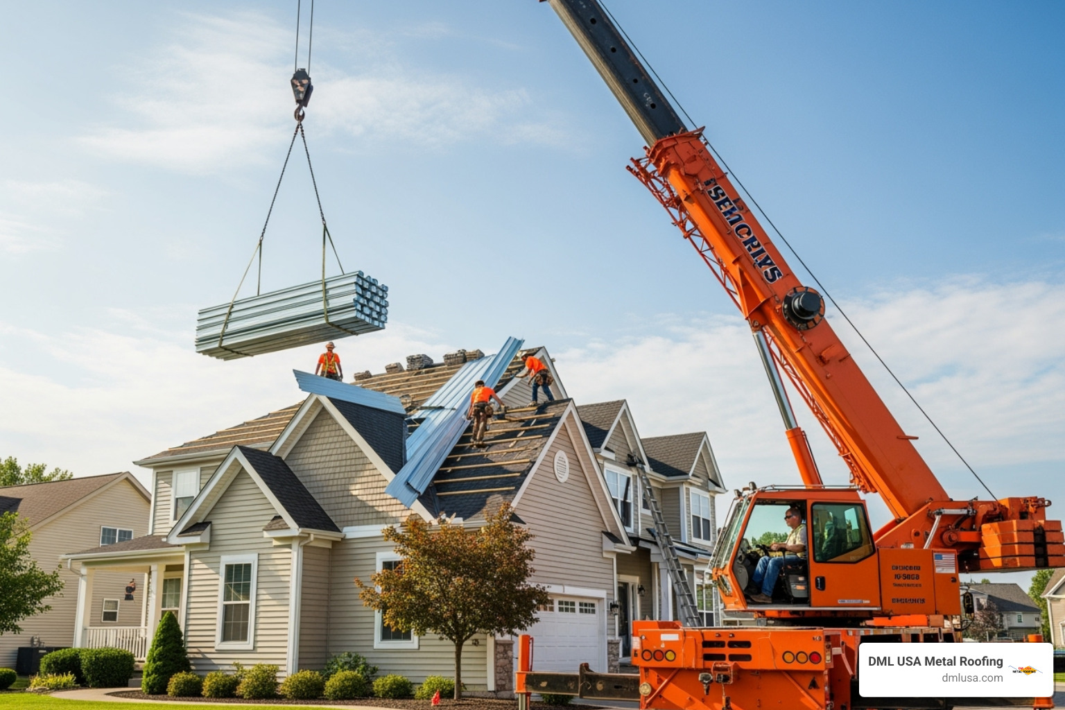 crane delivering roofing materials to a rooftop - aluminum roofing supplies near me