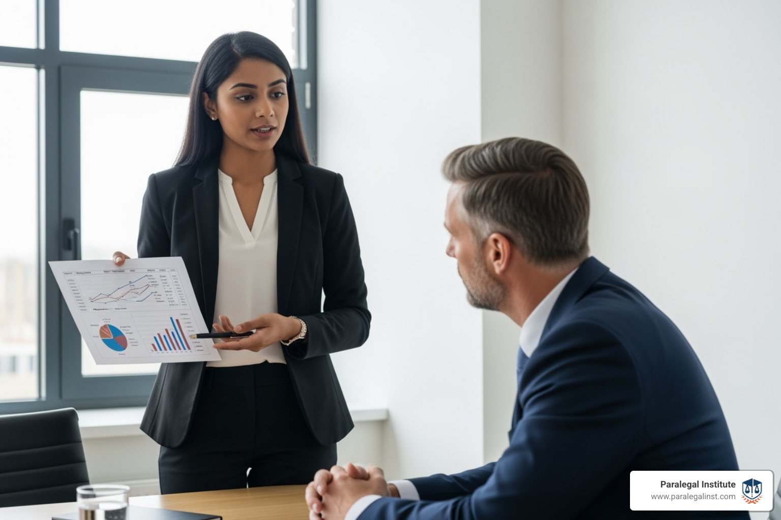 confident paralegal presenting a chart to an attorney in a meeting - personal injury courses for paralegals confident paralegal presenting a chart to an attorney in a meeting - personal injury courses for paralegals