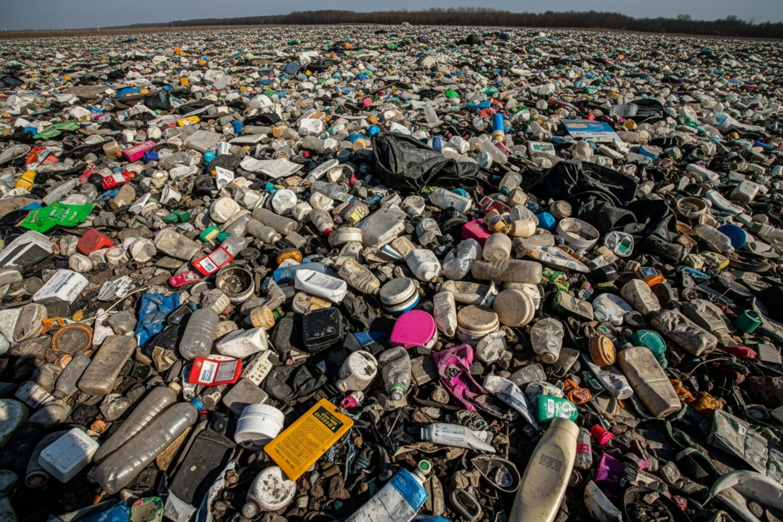 A landfill overflowing with visible cosmetic packaging, highlighting the industry's waste problem. - sustainability in skincare