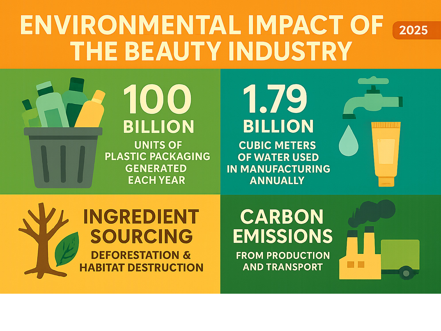 Infographic showing the environmental impact of the beauty industry, including statistics on plastic waste generation, water consumption in manufacturing, ingredient sourcing challenges, and carbon emissions from production and transportation - sustainability in skincare infographic 