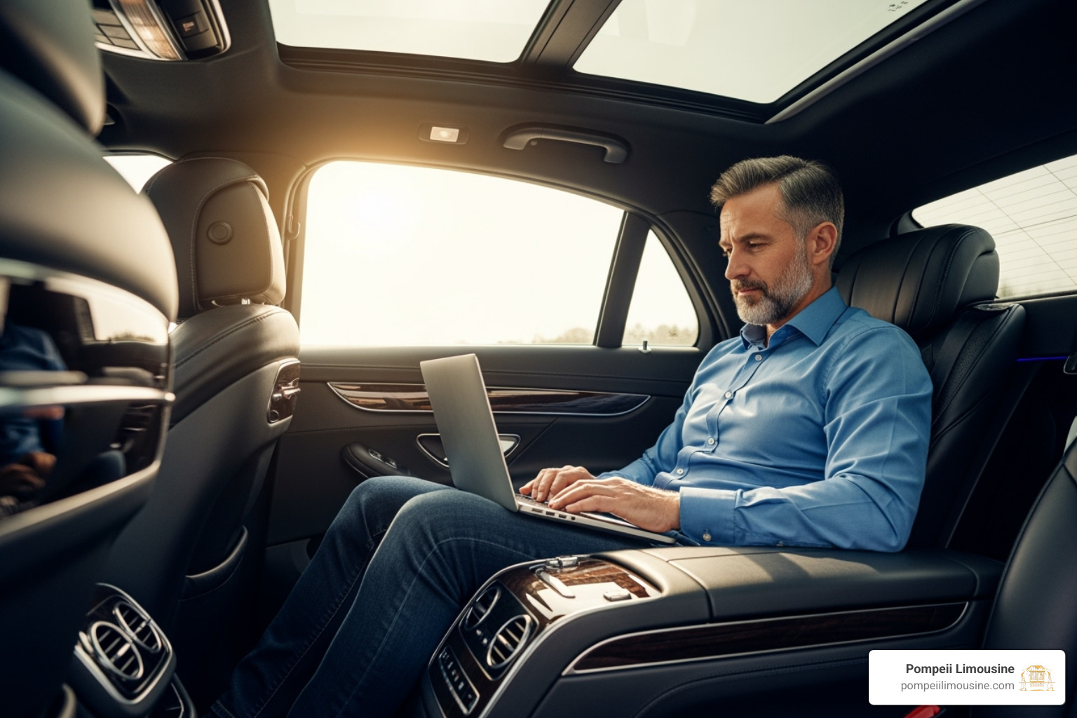relaxed passenger working on a laptop in the back of a car - car service from san diego to lax