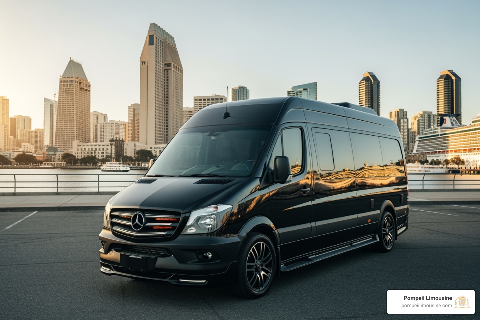 luxury Sprinter van with the San Diego skyline in the background - charter a bus for a trip