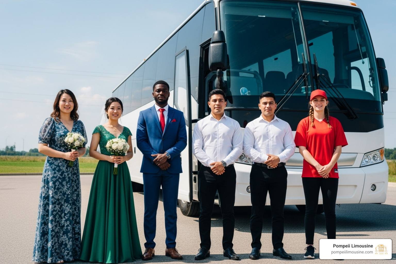 diverse group (wedding party, corporate team, sports team) in front of a bus - charter a bus for a trip