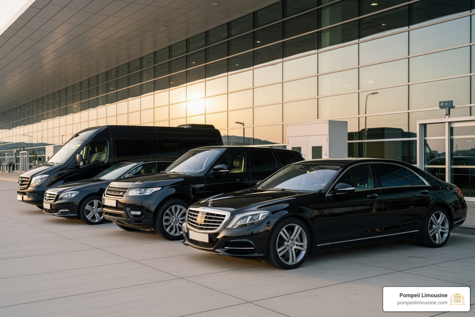 diverse fleet including a sedan, SUV, and Sprinter van lined up - executive car service lax