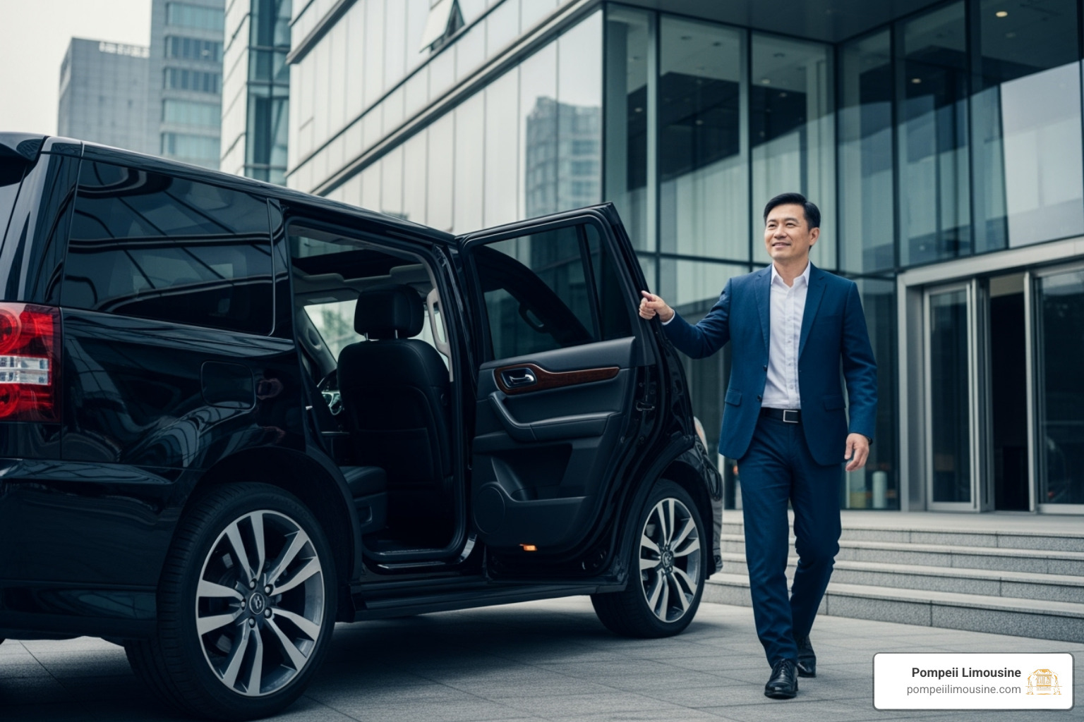 satisfied business traveler exiting a luxury SUV at their destination - executive car service lax