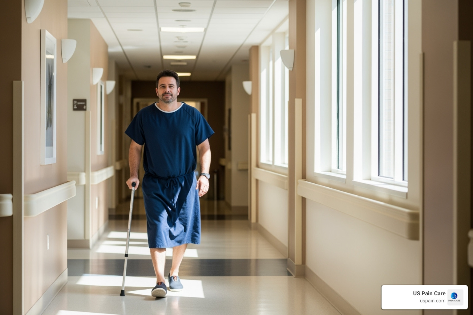 a patient walking comfortably post-surgery - microdiscectomy