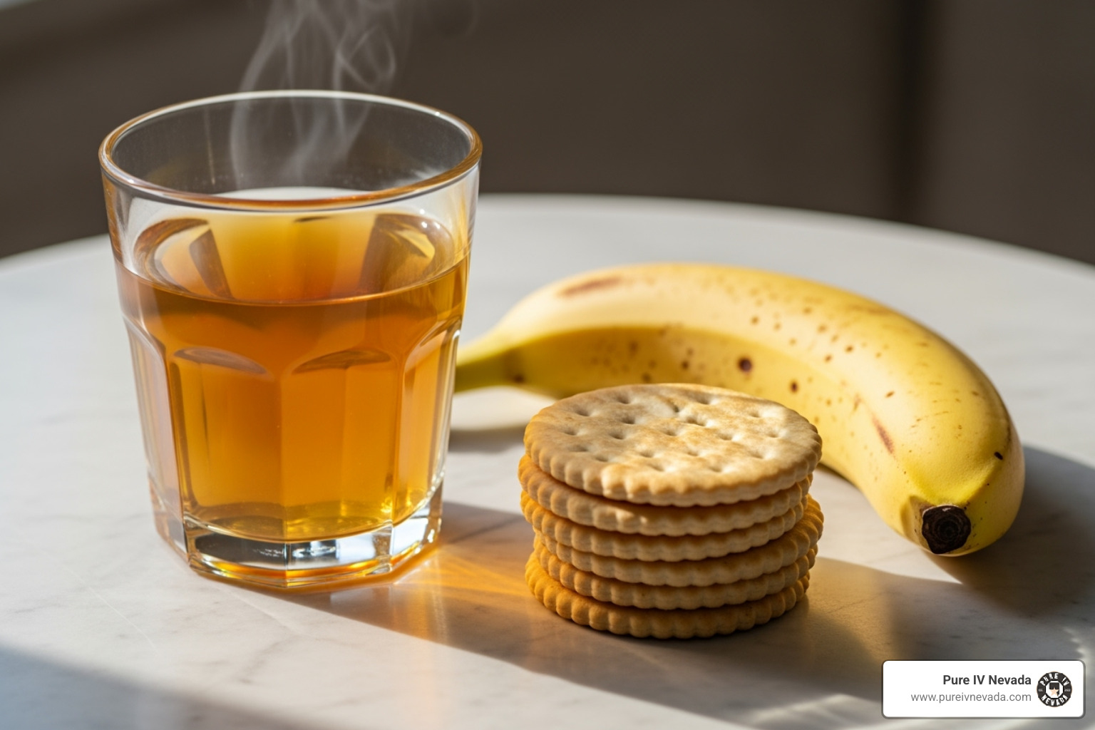 A glass of ginger tea next to some crackers and a banana - how to get rid of hangover nausea fast
