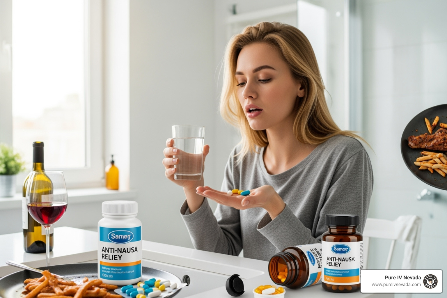 A tray with water, an electrolyte drink, toast, and a bowl of soup - how to get rid of hangover nausea fast