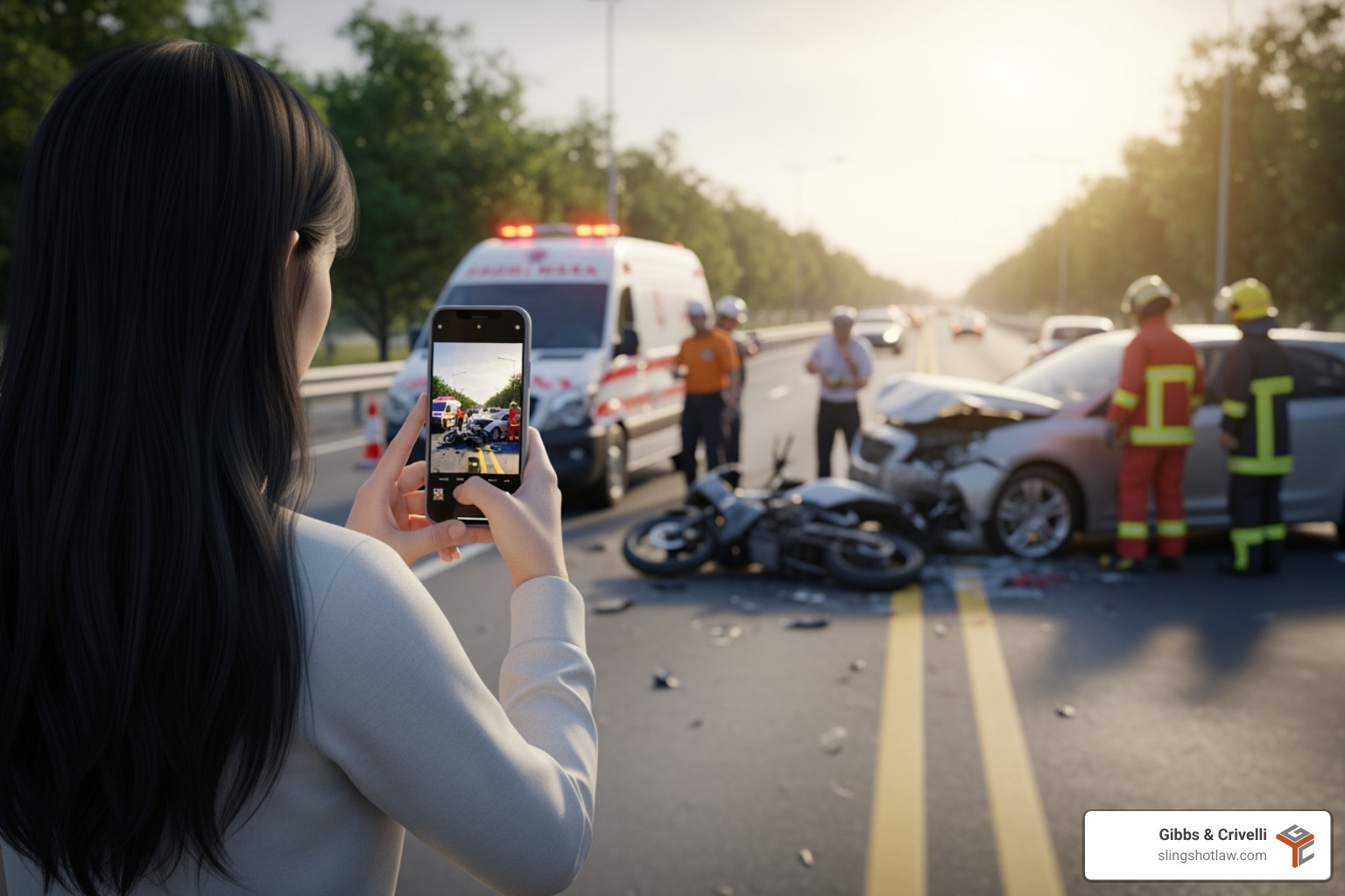 A person taking photos of a crashed motorcycle and car with their phone - attorney motorcycle accident