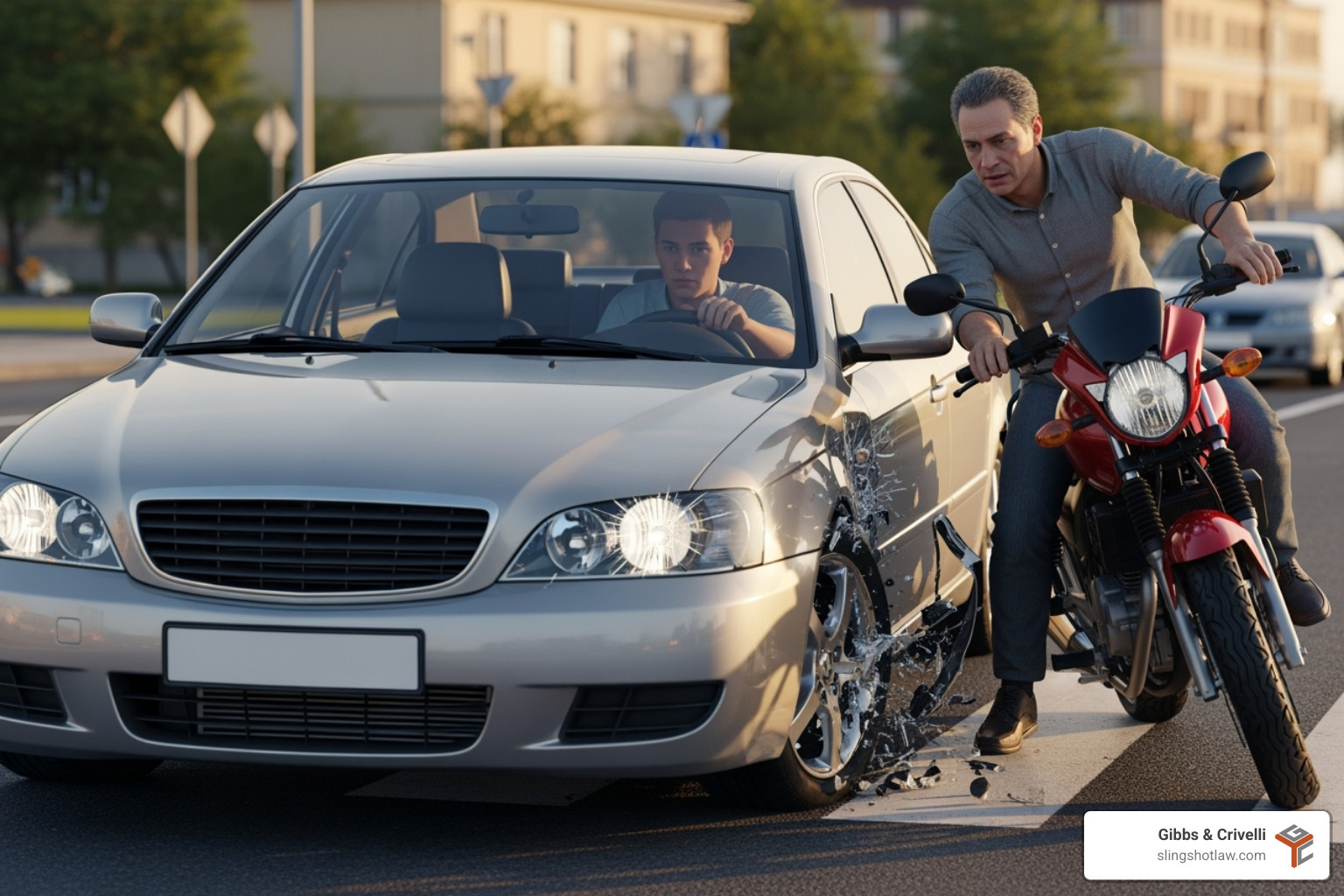 A common accident scenario, like a car turning left in front of a motorcycle - attorney motorcycle accident