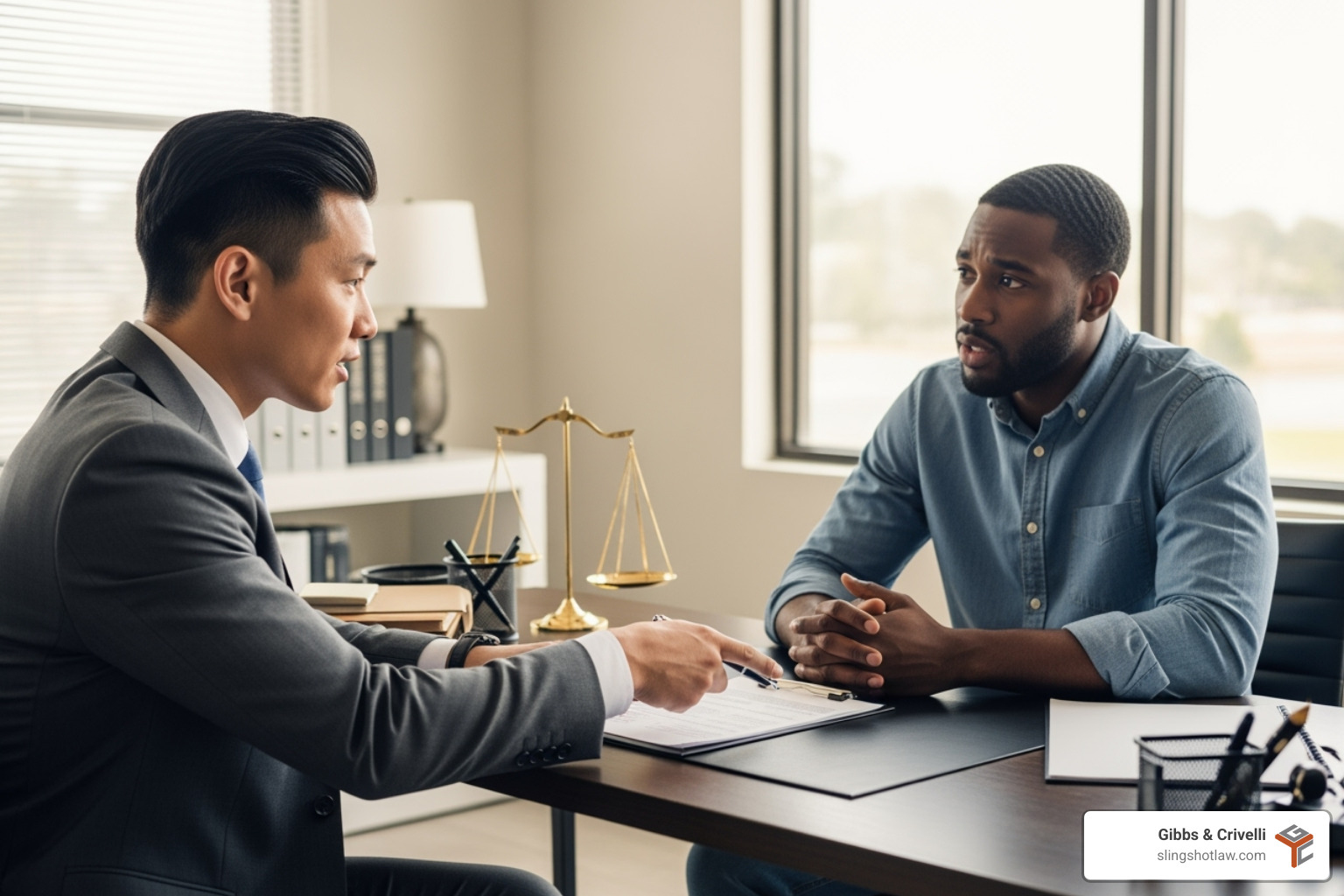 A lawyer consulting with a client in an office setting - attorney motorcycle accident