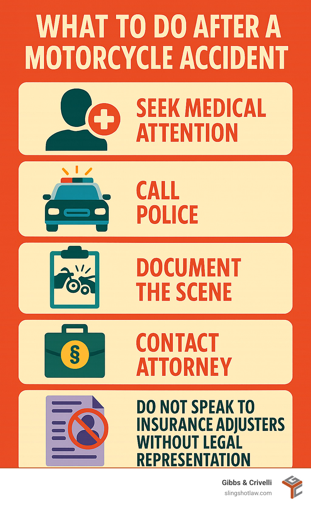 Infographic showing the immediate steps after a motorcycle accident: seek medical attention, call police, document the scene, contact attorney, and avoid speaking to insurance adjusters without legal representation - attorney motorcycle accident infographic 