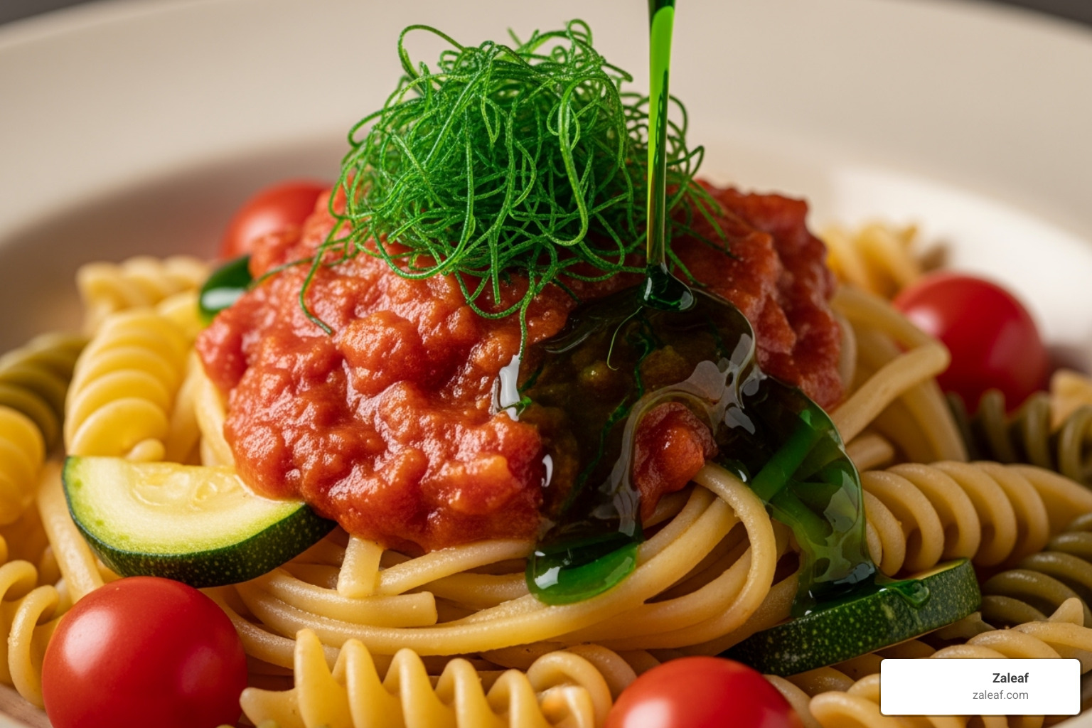 Cannabis oil being drizzled over a finished pasta dish, showcasing its culinary versatility - edible cannabis oil