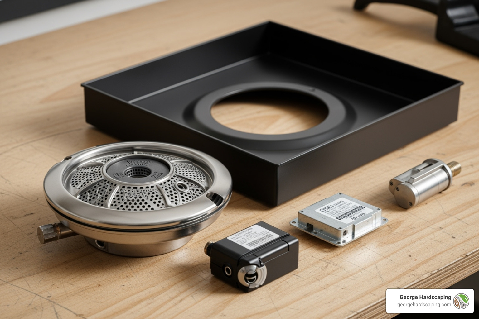 gas fireplace components including stainless steel burner, pan, and electronic ignition module on workbench - how to build an outdoor gas fireplace