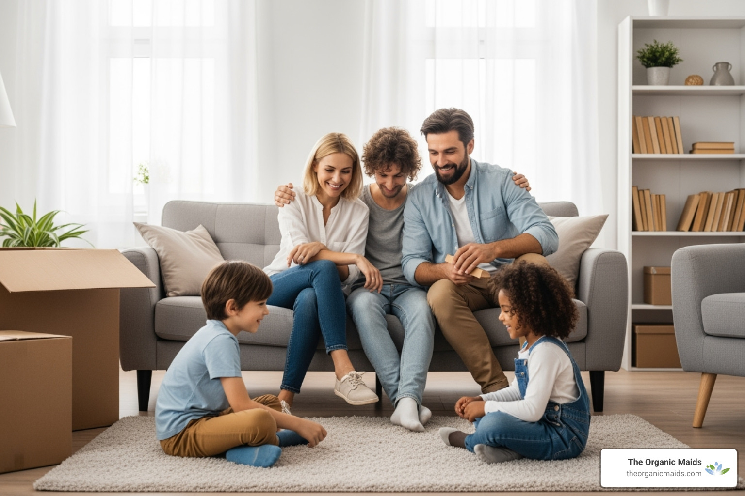 A family enjoying a spotless, organized living room after a move, looking relaxed and happy. - house moving cleaning services
