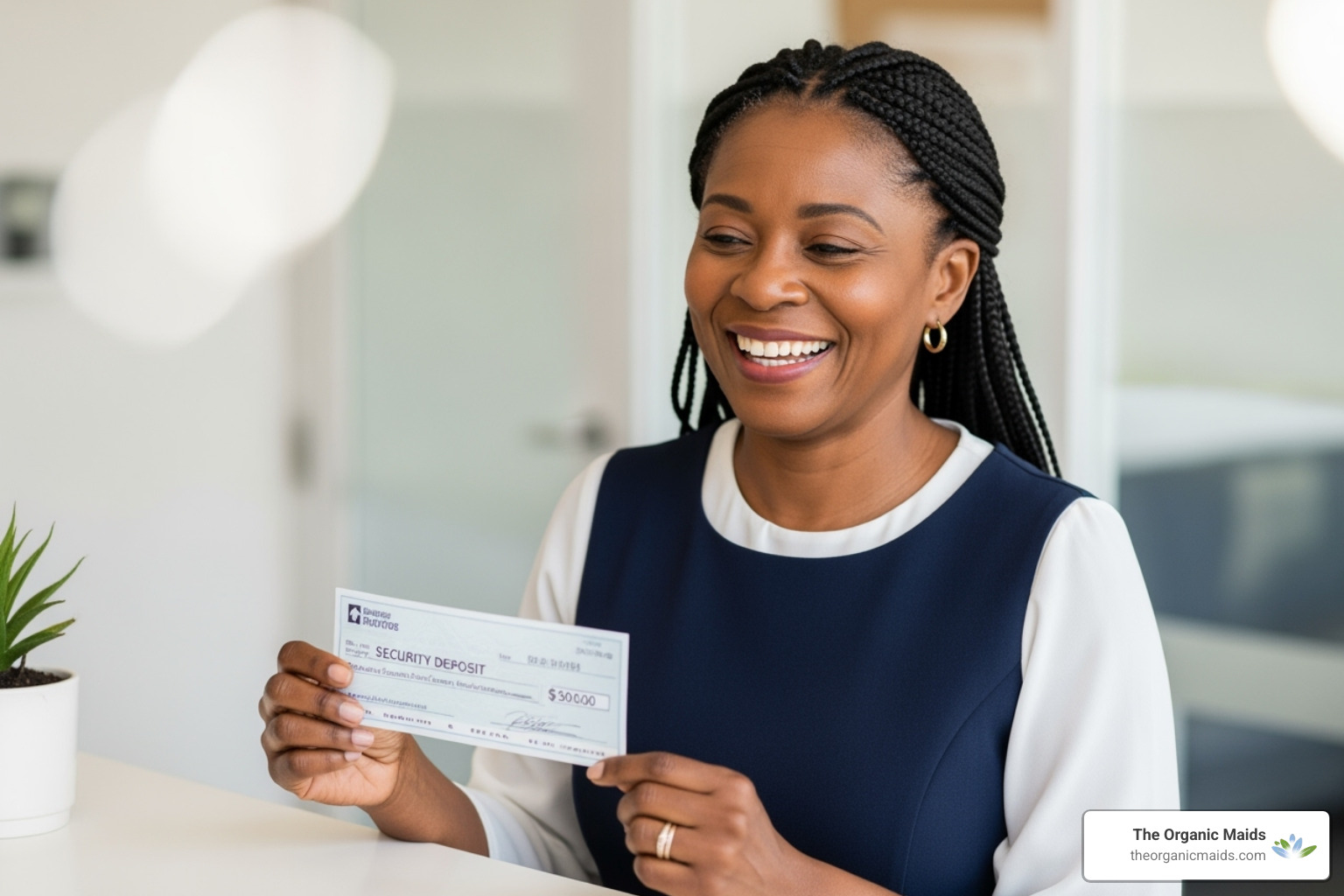 A person happily receiving their security deposit check. - house moving cleaning services