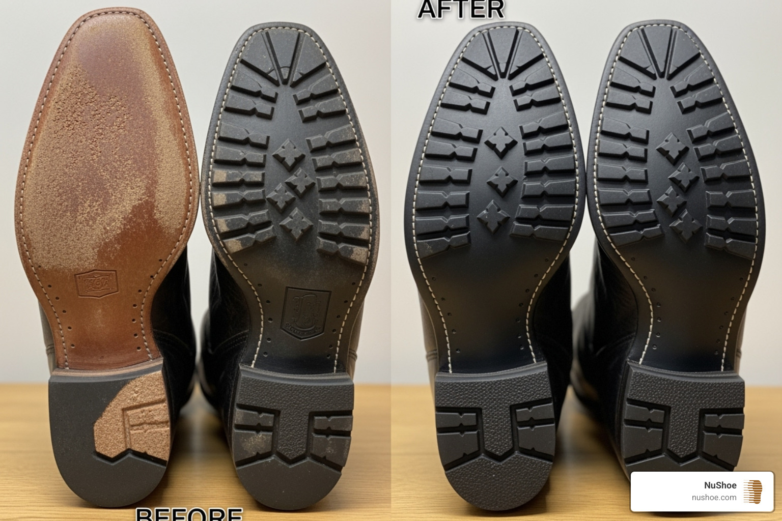 before-and-after comparison of a professionally resoled cowboy boot - leather sole cowboy boots