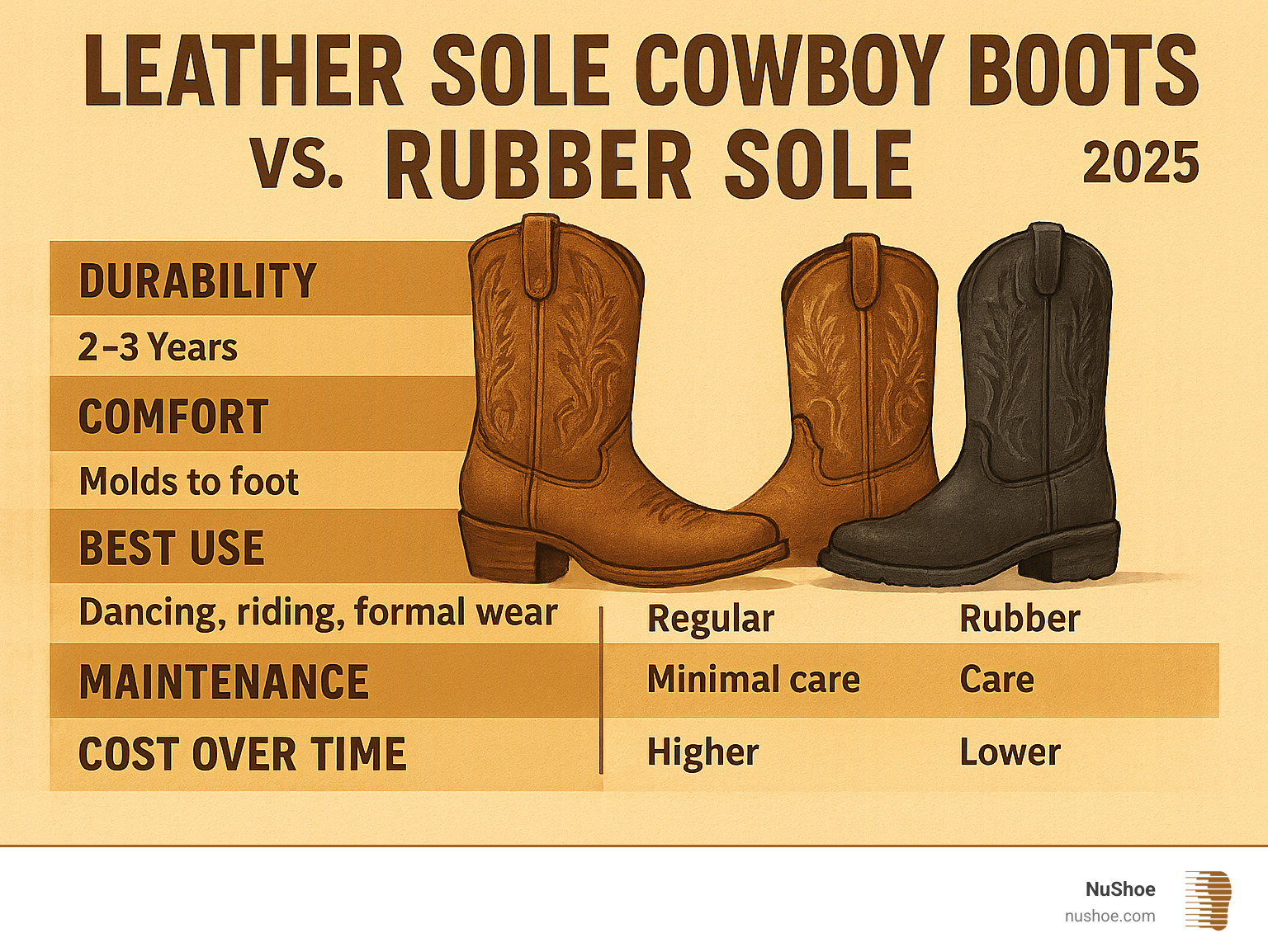 Infographic comparing leather sole cowboy boots versus rubber sole alternatives, showing durability ratings, comfort levels, best use cases, maintenance requirements, and cost considerations over time - leather sole cowboy boots infographic 