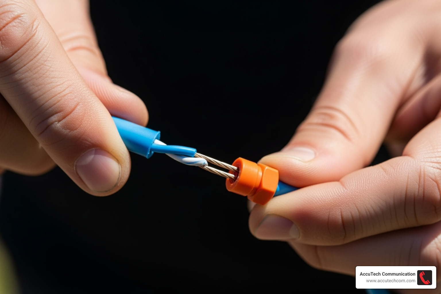 Hands making a waterproof wire nut connection, showing stripped wires twisted together and covered with a waterproof connector - how to install low voltage deck post lighting