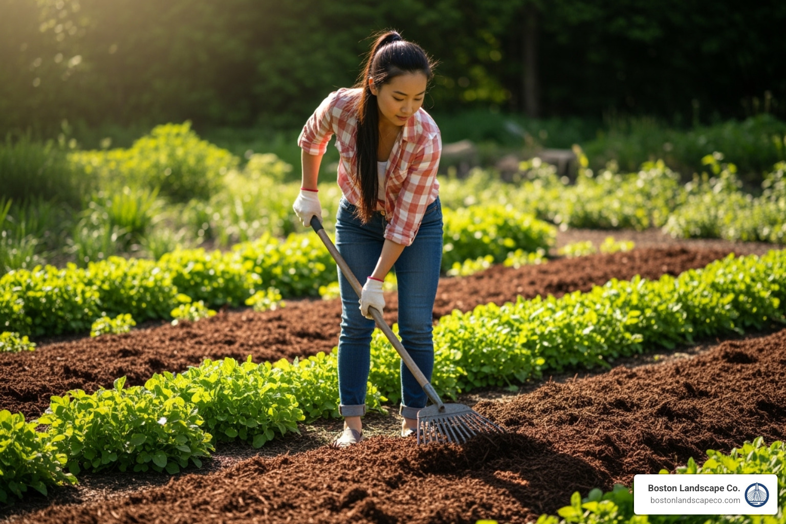 a person spreading a fresh layer of mulch around plants in a clean garden bed - garden bed clean up