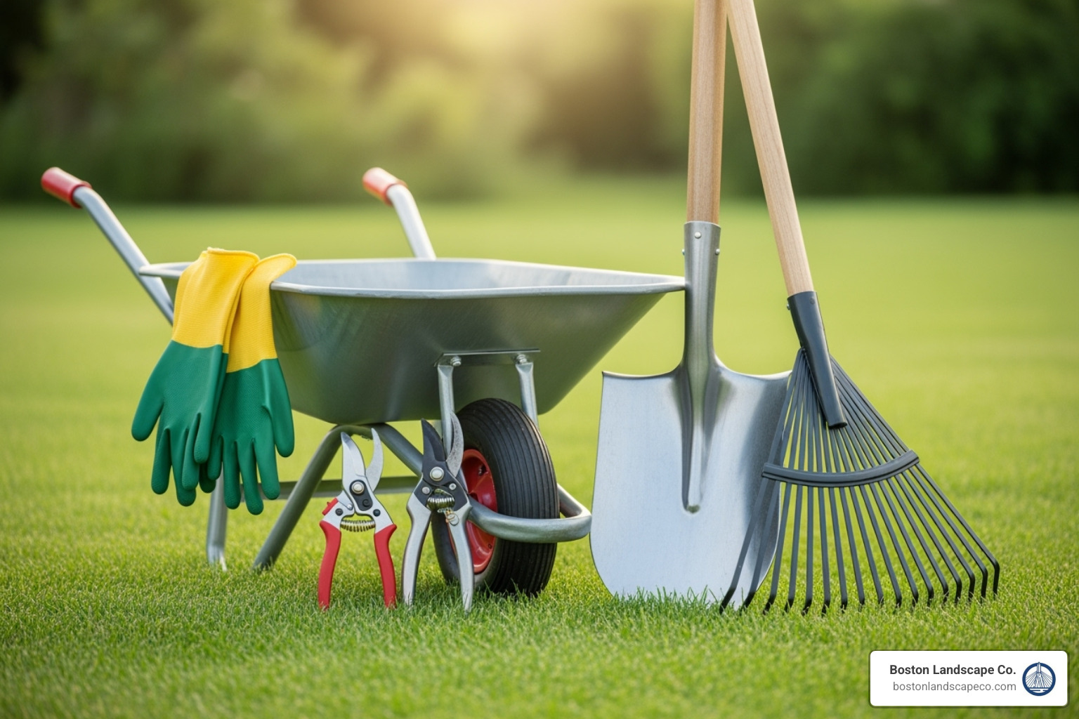 essential garden clean-up tools neatly arranged on a lawn, such as gloves, a wheelbarrow, pruners, a rake, and a shovel - garden bed clean up