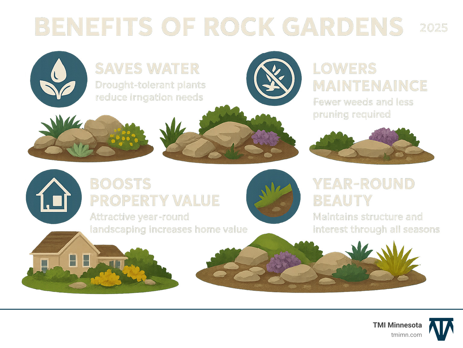 Benefits of Rock Gardens Infographic showing: 1) Saves Water - drought-tolerant plants reduce irrigation needs, 2) Lowers Maintenance - fewer weeds and less pruning required, 3) Boosts Property Value - attractive year-round landscaping increases home value, 4) Thrives in Tough Spots - works where grass fails on slopes and poor soil, 5) Year-Round Beauty - maintains structure and interest through all seasons - backyard rock garden ideas infographic Benefits of Rock Gardens Infographic showing: 1) Saves Water - drought-tolerant plants reduce irrigation needs, 2) Lowers Maintenance - fewer weeds and less pruning required, 3) Boosts Property Value - attractive year-round landscaping increases home value, 4) Thrives in Tough Spots - works where grass fails on slopes and poor soil, 5) Year-Round Beauty - maintains structure and interest through all seasons - backyard rock garden ideas infographic