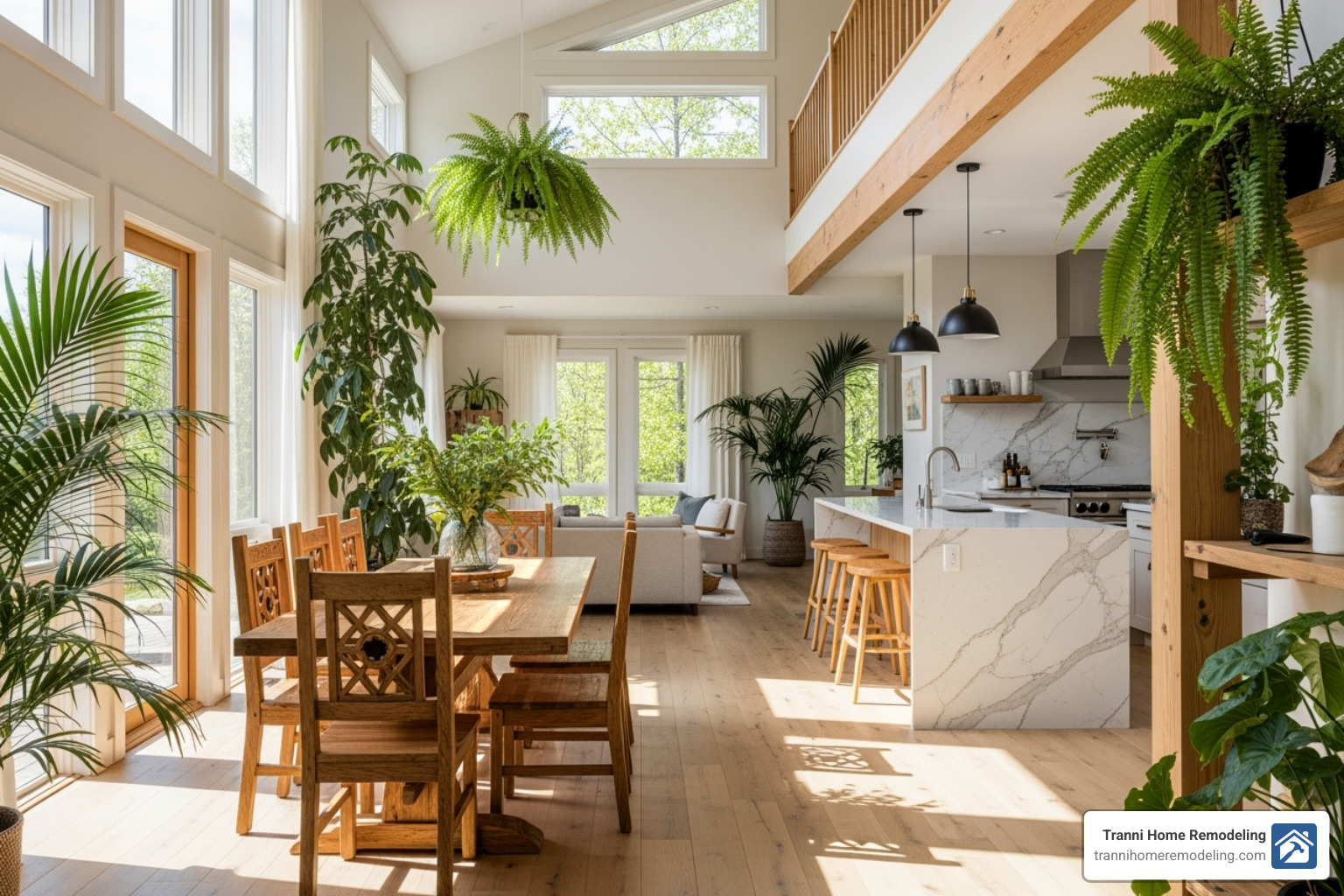 open-concept living space with large windows and natural materials - home renovation services