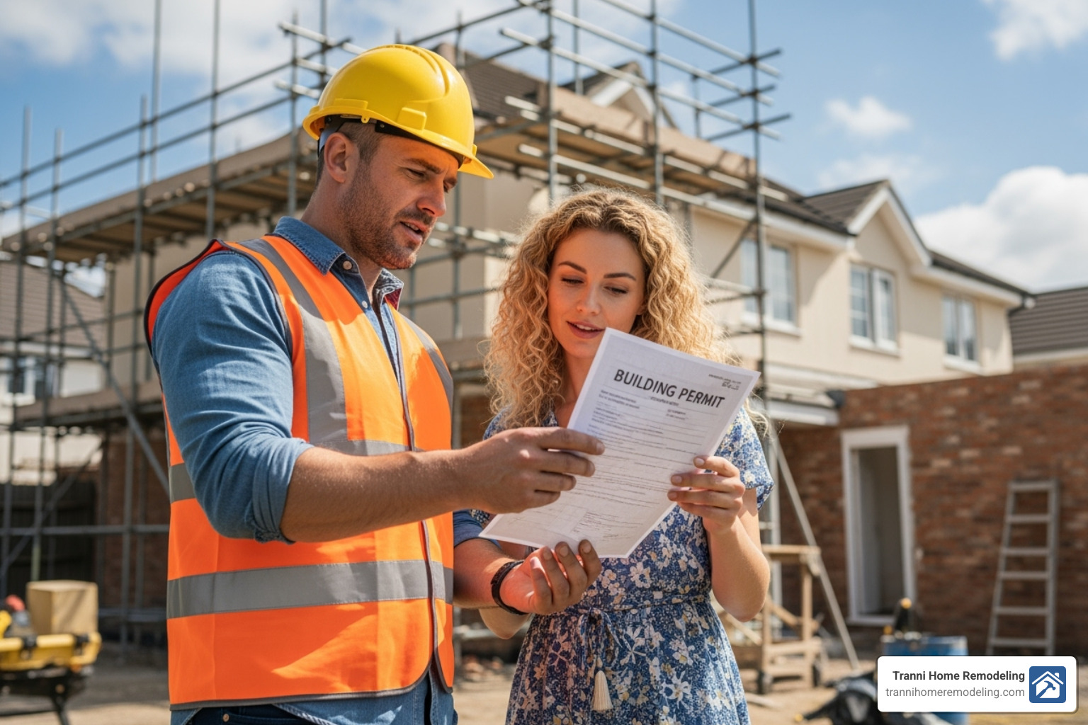 contractor showing a client a building permit - home renovation services