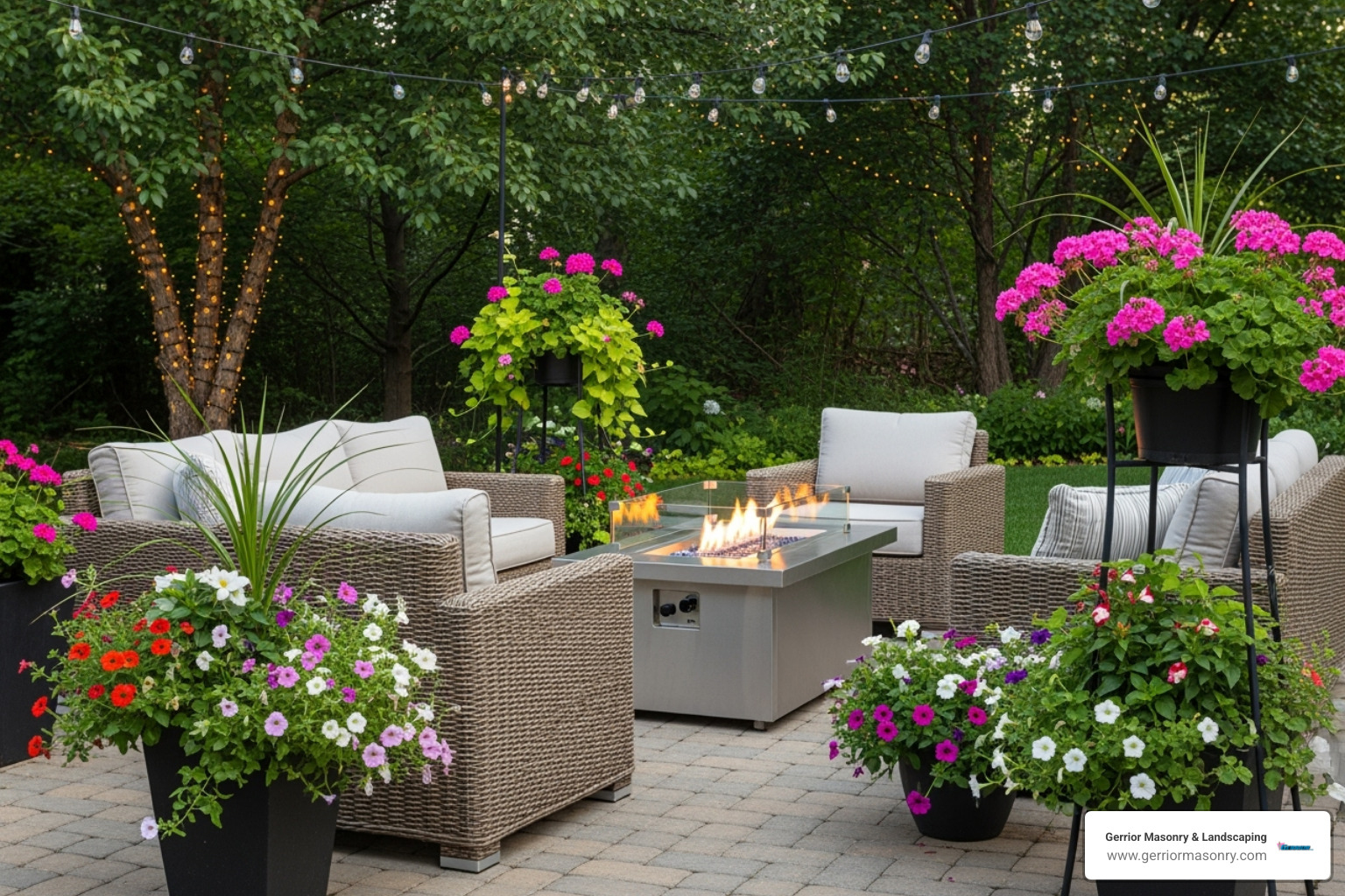 A cozy paver patio with comfortable outdoor furniture, a warming fire pit, and vibrant container plants, creating an inviting outdoor living space. - Patio and driveway pavers A cozy paver patio with comfortable outdoor furniture, a warming fire pit, and vibrant container plants, creating an inviting outdoor living space. - Patio and driveway pavers