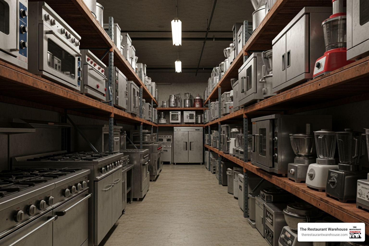 warehouse aisle filled with used restaurant equipment - second hand catering sink