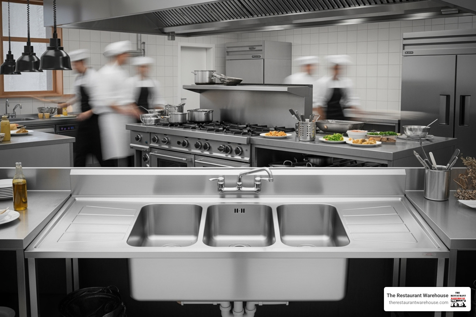 standard three-compartment sink with drainboards - second hand catering sink