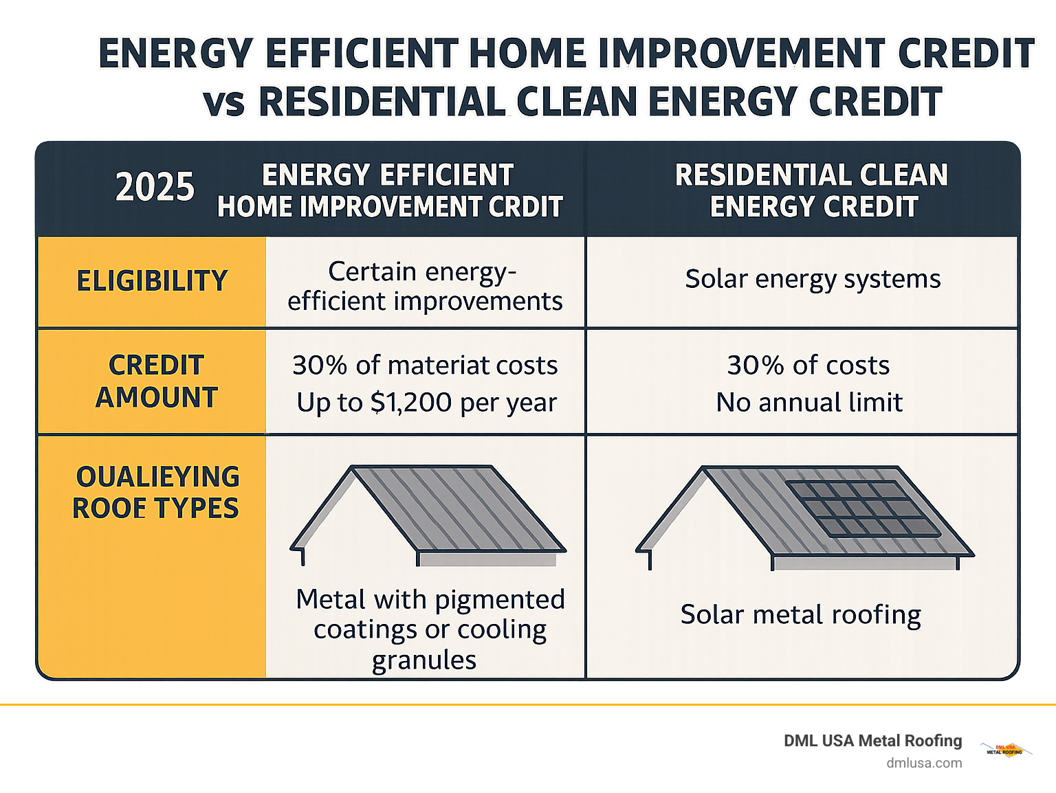 Infographic explaining the key differences between the Energy Efficient Home Improvement Credit and the Residential Clean Energy Credit, including their focus, credit percentages, maximum limits, and types of eligible improvements - does a metal roof qualify for energy tax credit 2024 infographic venn_diagram