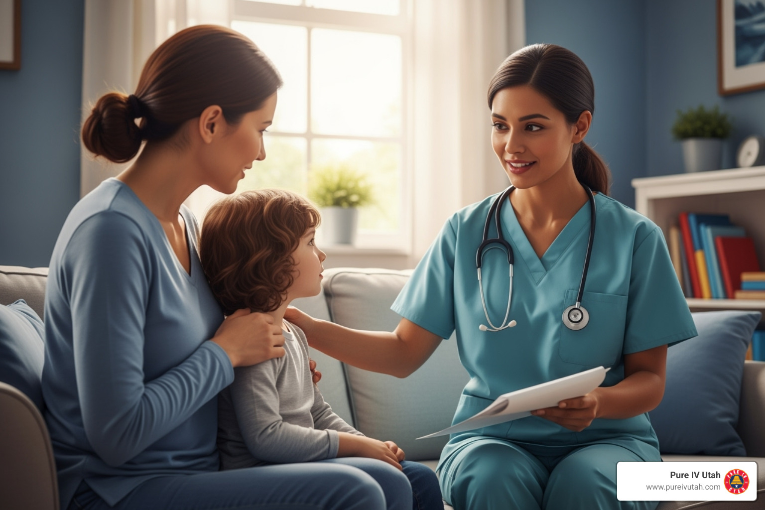 nurse calmly explaining the IV process to a parent and child - iv therapy for kids