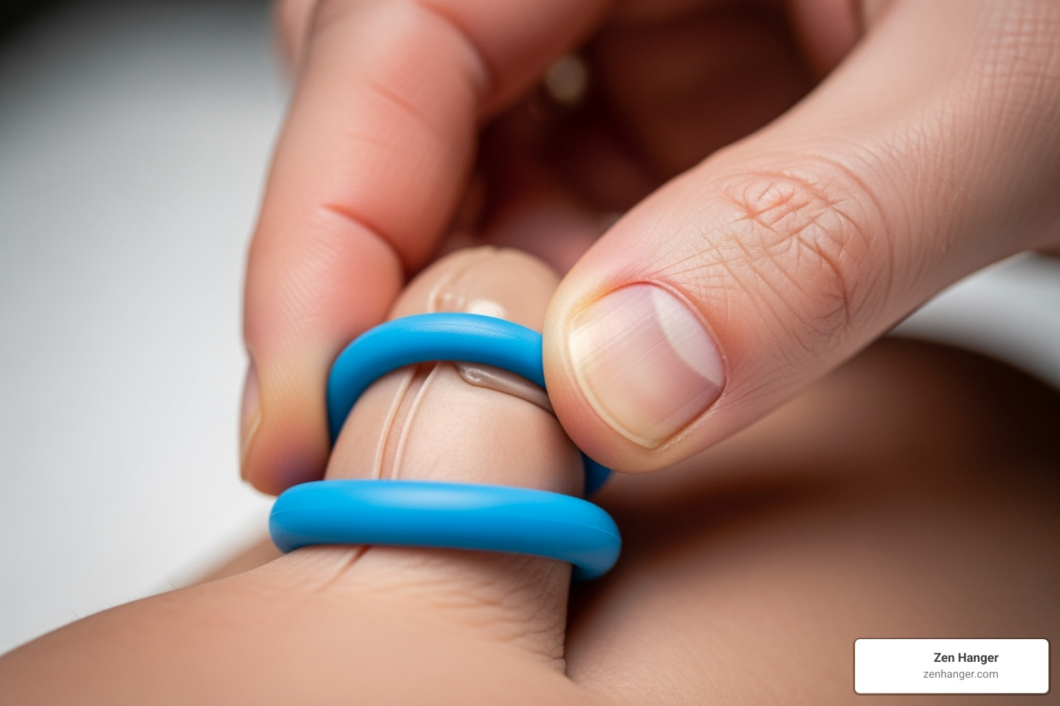Image demonstrating the correct and safe application of a constriction ring at the base of the penis - how long do penis pump results last