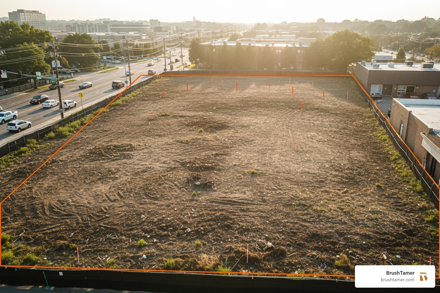 A cleared commercial lot with survey stakes, ready for foundation work. - lot clearing A cleared commercial lot with survey stakes, ready for foundation work. - lot clearing
