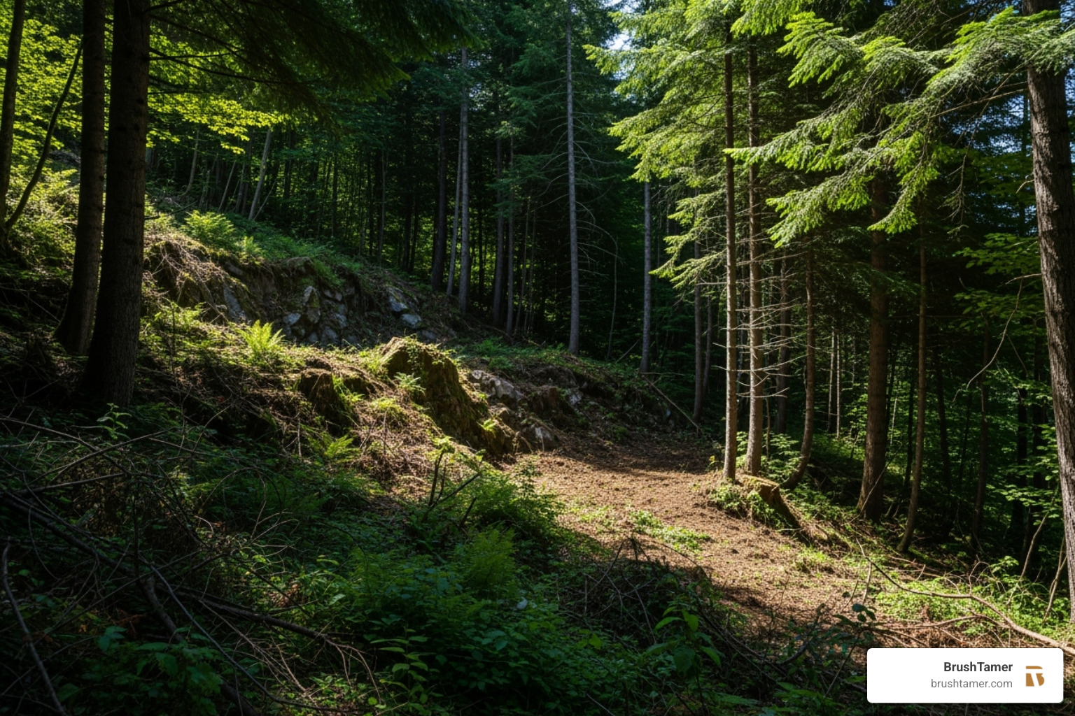 A challenging, sloped, and heavily wooded commercial property, showcasing the complexity that can influence lot clearing costs. - lot clearing A challenging, sloped, and heavily wooded commercial property, showcasing the complexity that can influence lot clearing costs. - lot clearing