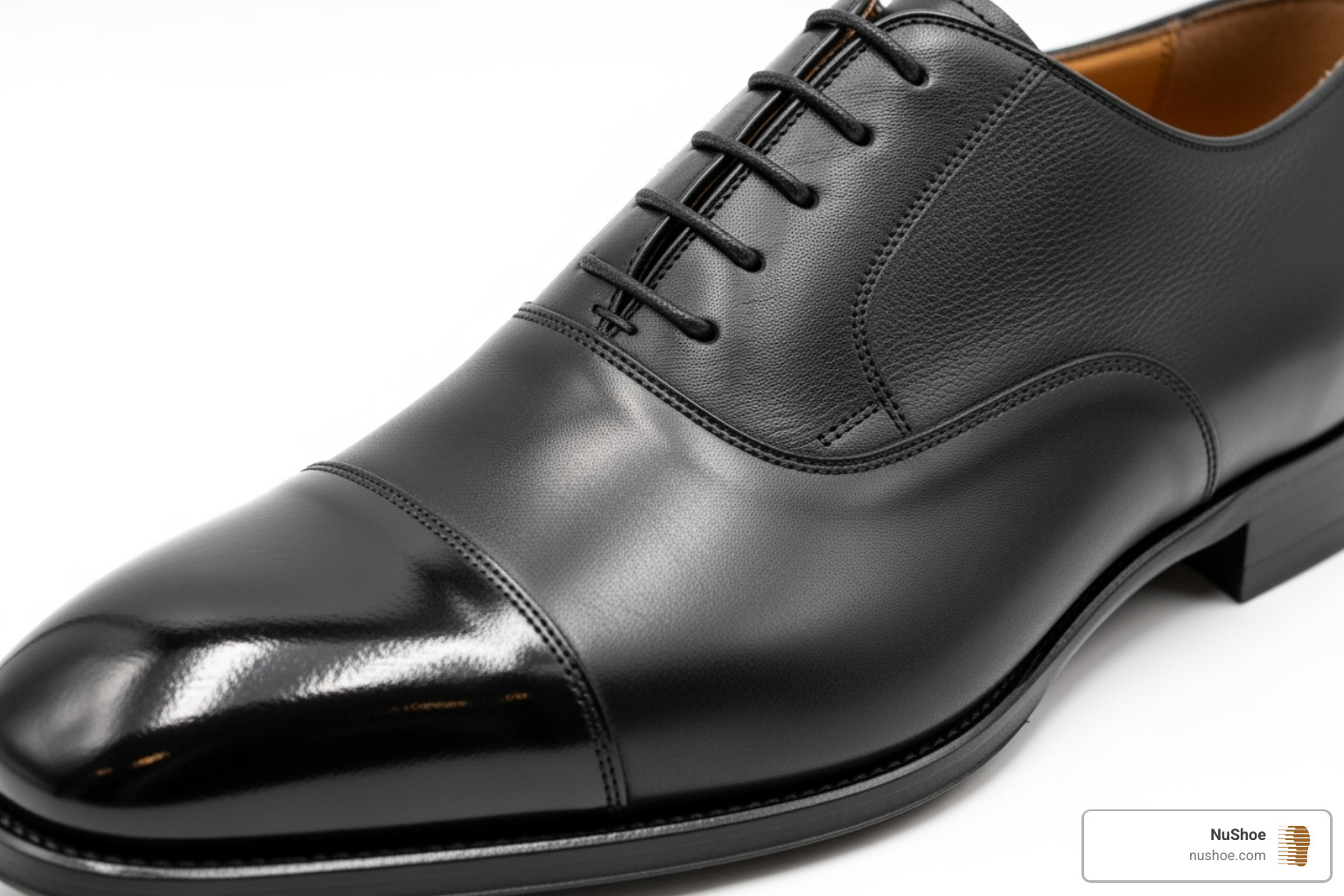 shoe that is half-shined and half-dull to show the contrast - shoe repair while you wait