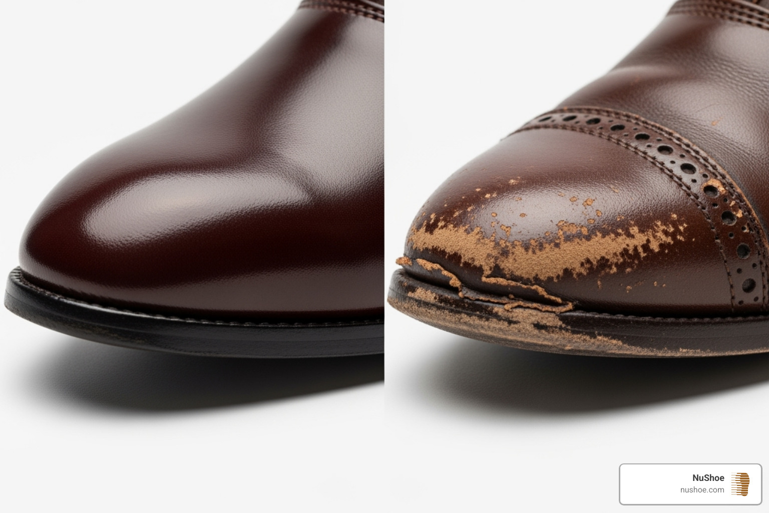 new heel tip next to a worn one - shoe repair while you wait