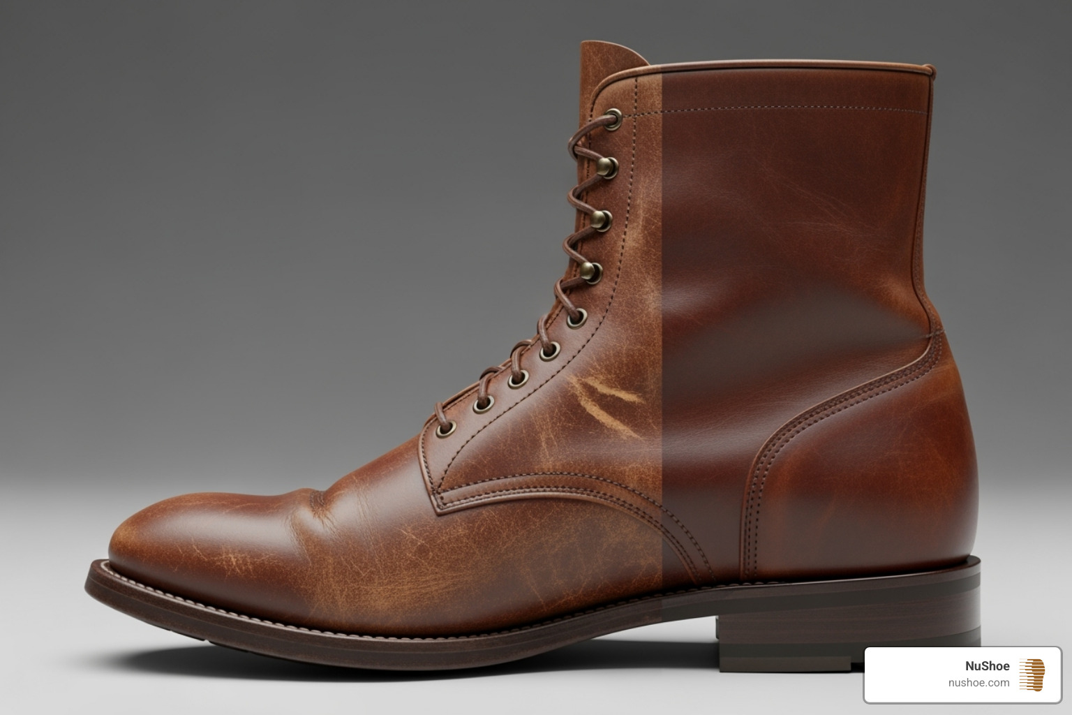 completely restored boot, showing the before and after - shoe repair while you wait